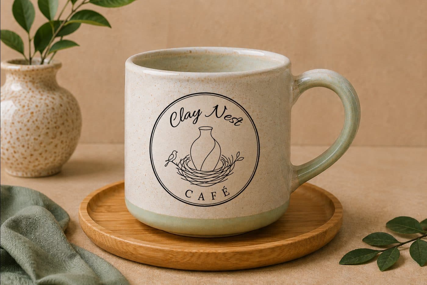 Clay Nest mug on a wooden tray
